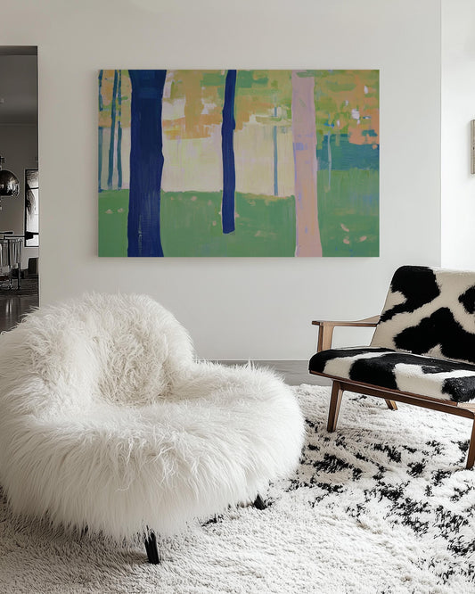 Abstract Forest Painting – Colorful Tree Landscape in Modern Minimalist Style, Contemporary Nature Art My Store