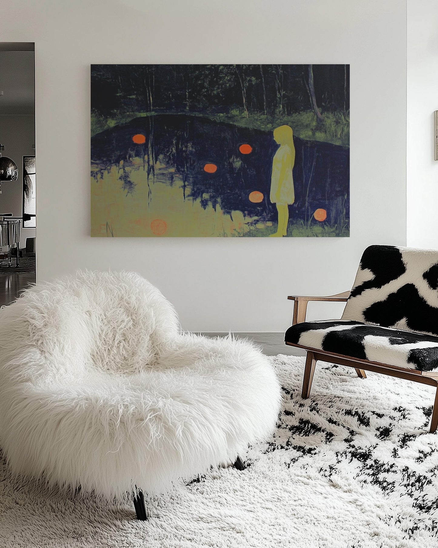 Mystical Forest Painting – Girl by the Pond with Floating Lights, Dreamlike Night Scene in Neon Contrast My Store