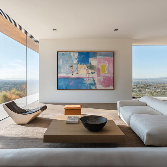 Abstract Poolside Scene – Colorful Oil Painting of Women in Swimsuits, Summer Vibes and Bold Architecture My Store