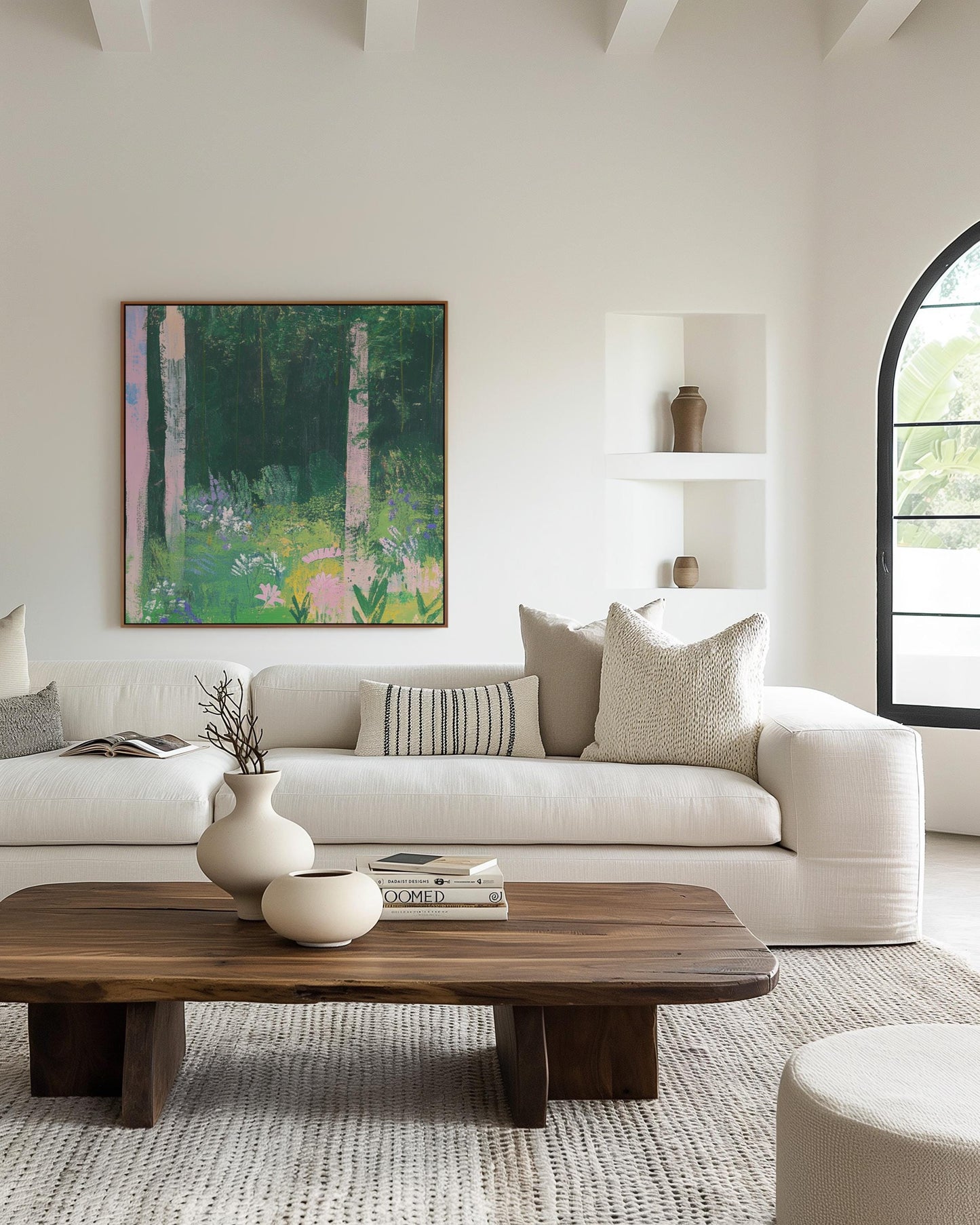 Enchanted Forest — Botanical Abstract Landscape Painting, Pink Flowers and Green Woods, Nature Wall Art on Canvas My Store