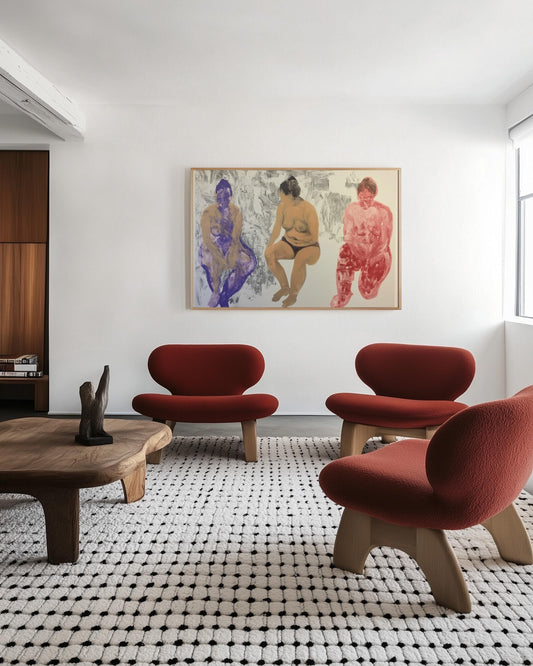 Bold Figurative Painting – Three Seated Female Nudes in Abstract Expressionist Style, Body Positivity Art My Store