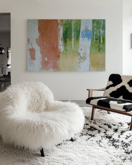 Abstract Birch Trees Painting – Minimalist Forest Landscape in Earth Tones, Textured Nature Wall Art My Store