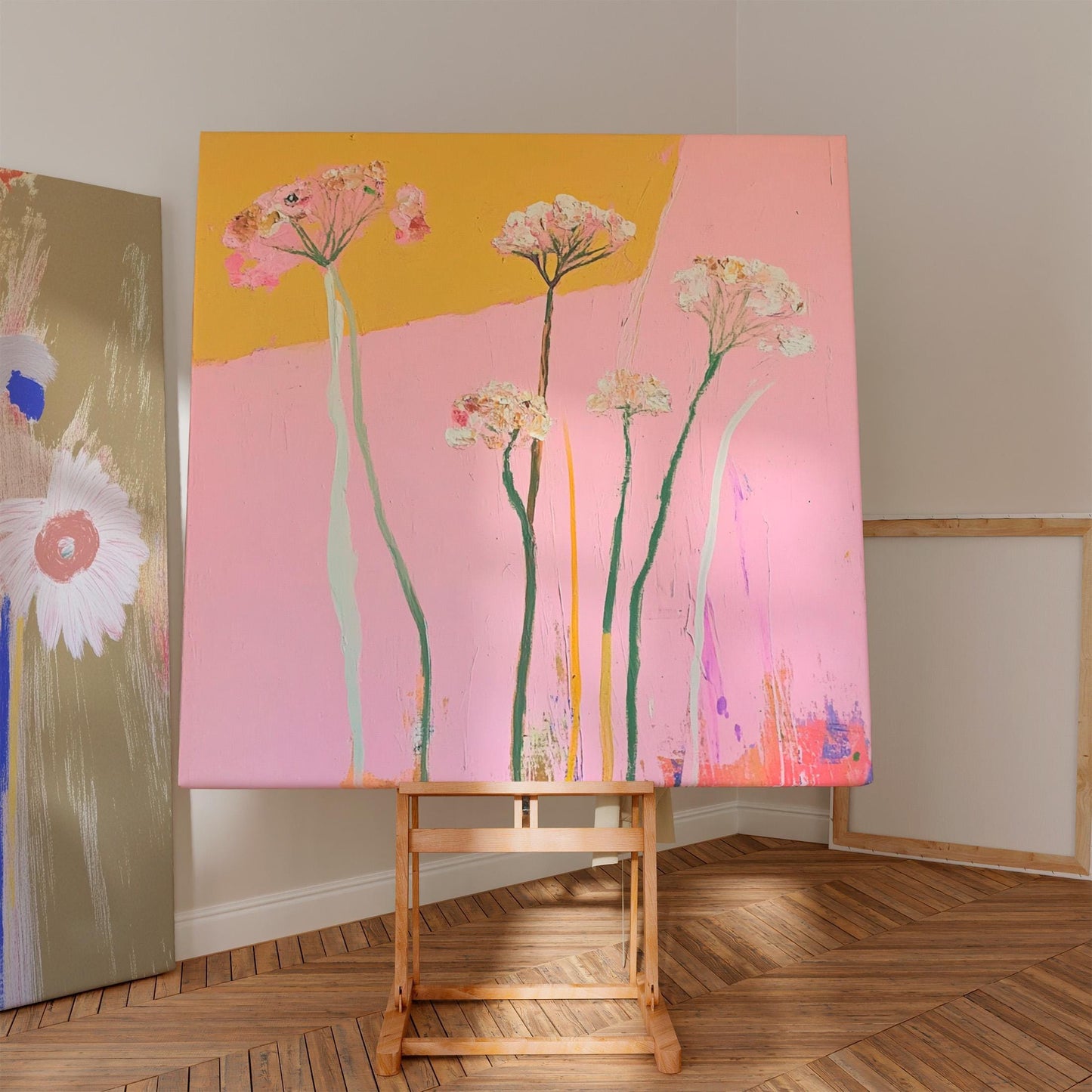 Golden Bloom — Abstract Floral Painting, Modern Pink and Yellow Wall Art, Contemporary Botanical Decor My Store