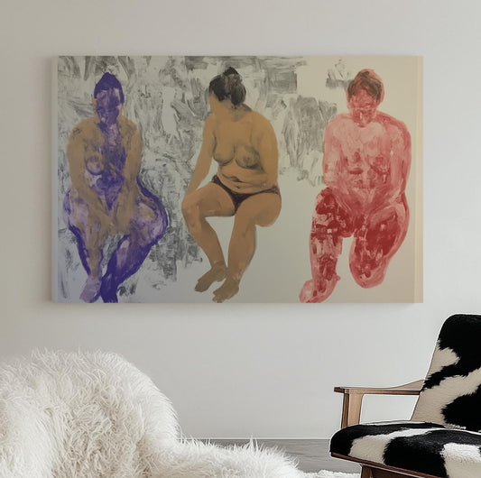 Bold Figurative Painting – Three Seated Female Nudes in Abstract Expressionist Style, Body Positivity Art My Store