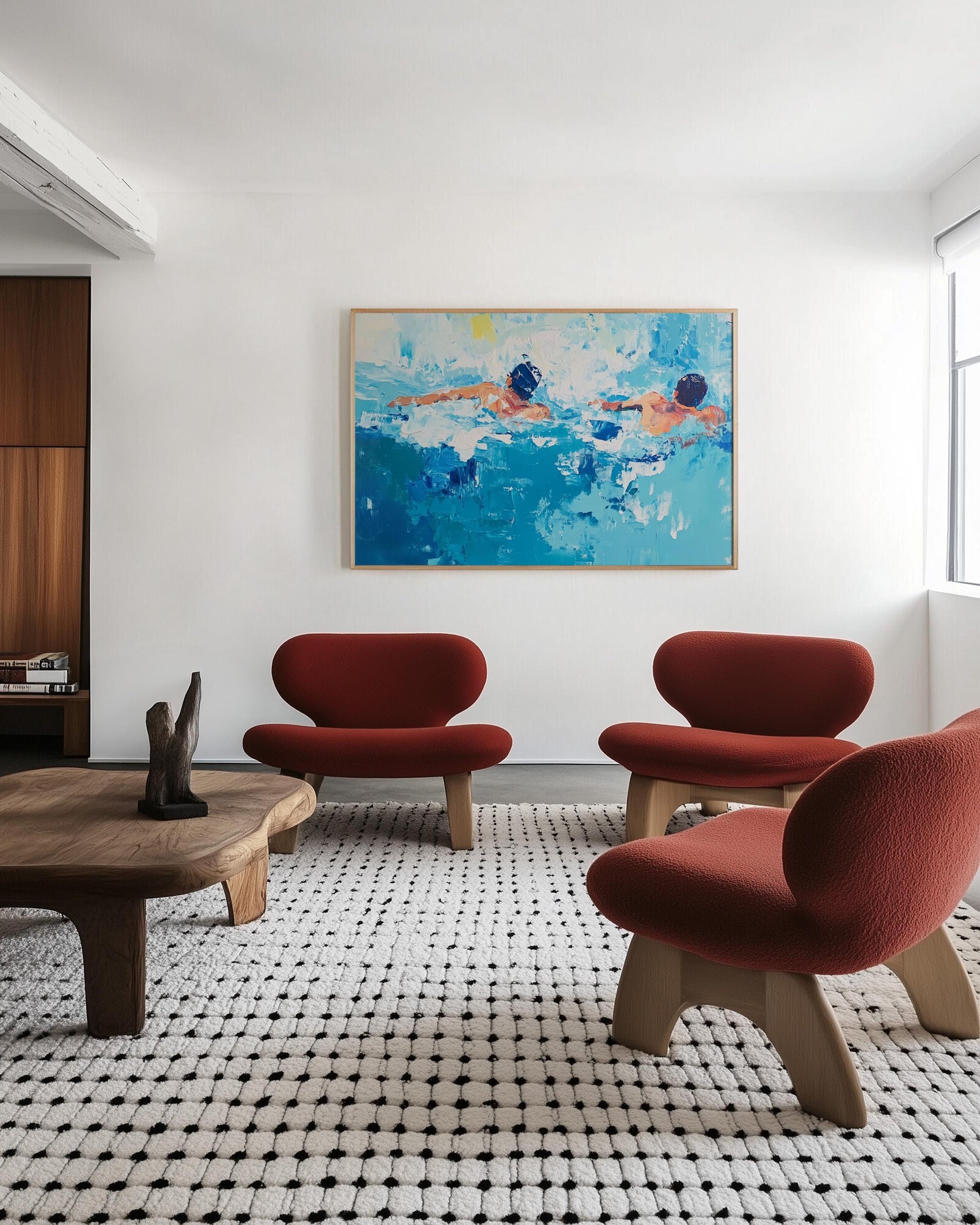 Abstract Swimmers Painting – Modern Oil Art of Men Swimming, Bold Blue Palette, Dynamic Pool Scene My Store