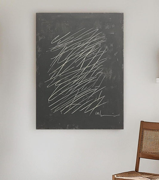 Original Minimalist Abstract Painting – Black Canvas with Expressive Scribble Linework My Store