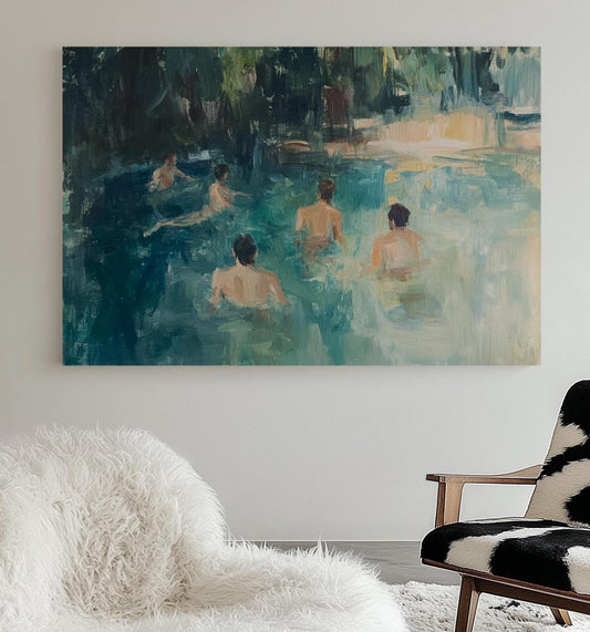 Impressionist Swimmers Painting – Dreamy Oil Art of People Bathing in Forest Pool, Serene Water Scene My Store