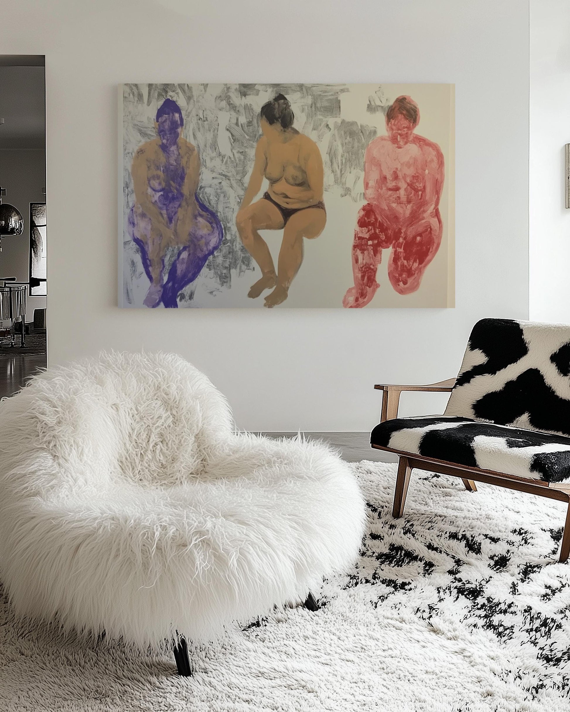 Bold Figurative Painting – Three Seated Female Nudes in Abstract Expressionist Style, Body Positivity Art My Store