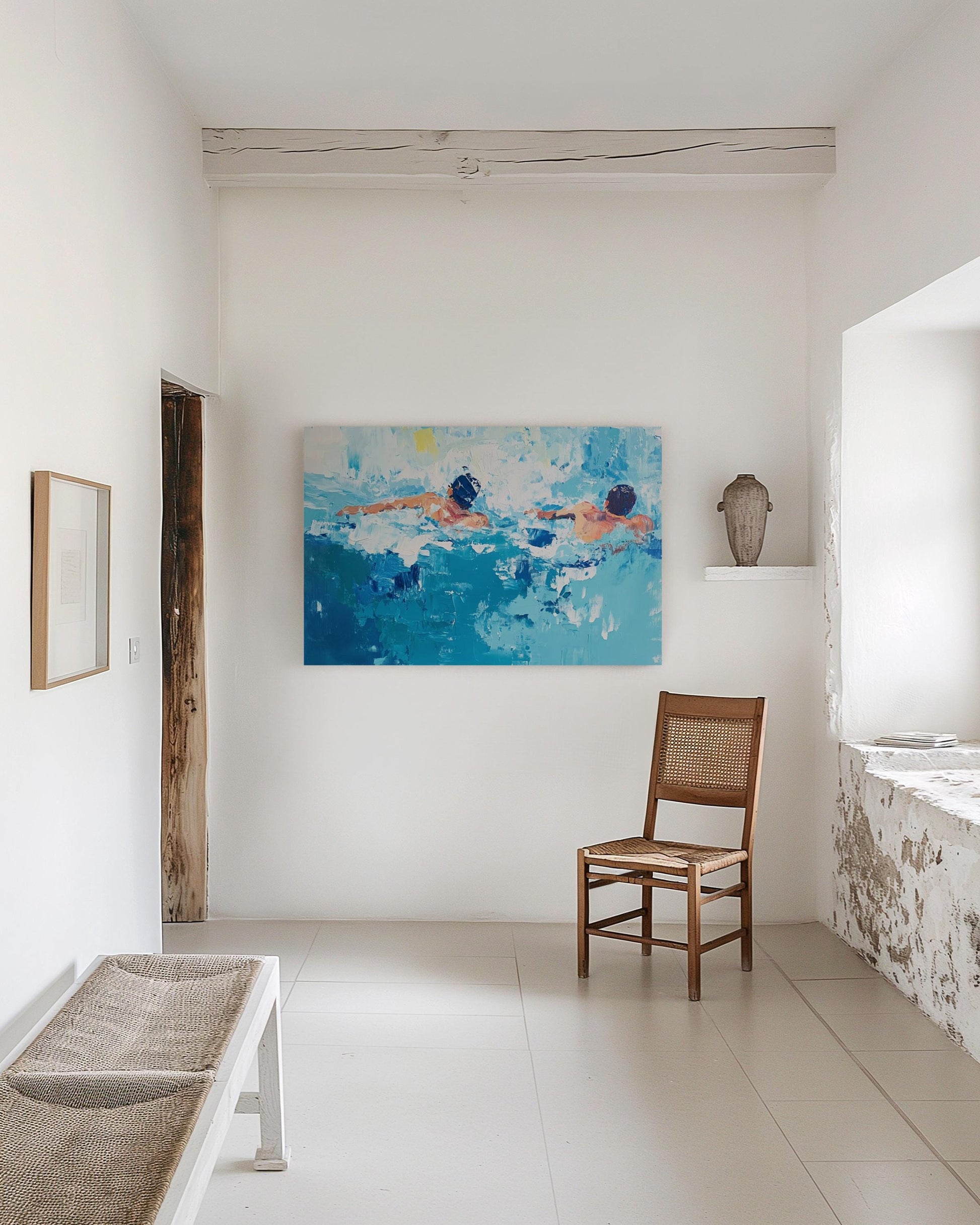 Abstract Swimmers Painting – Modern Oil Art of Men Swimming, Bold Blue Palette, Dynamic Pool Scene My Store