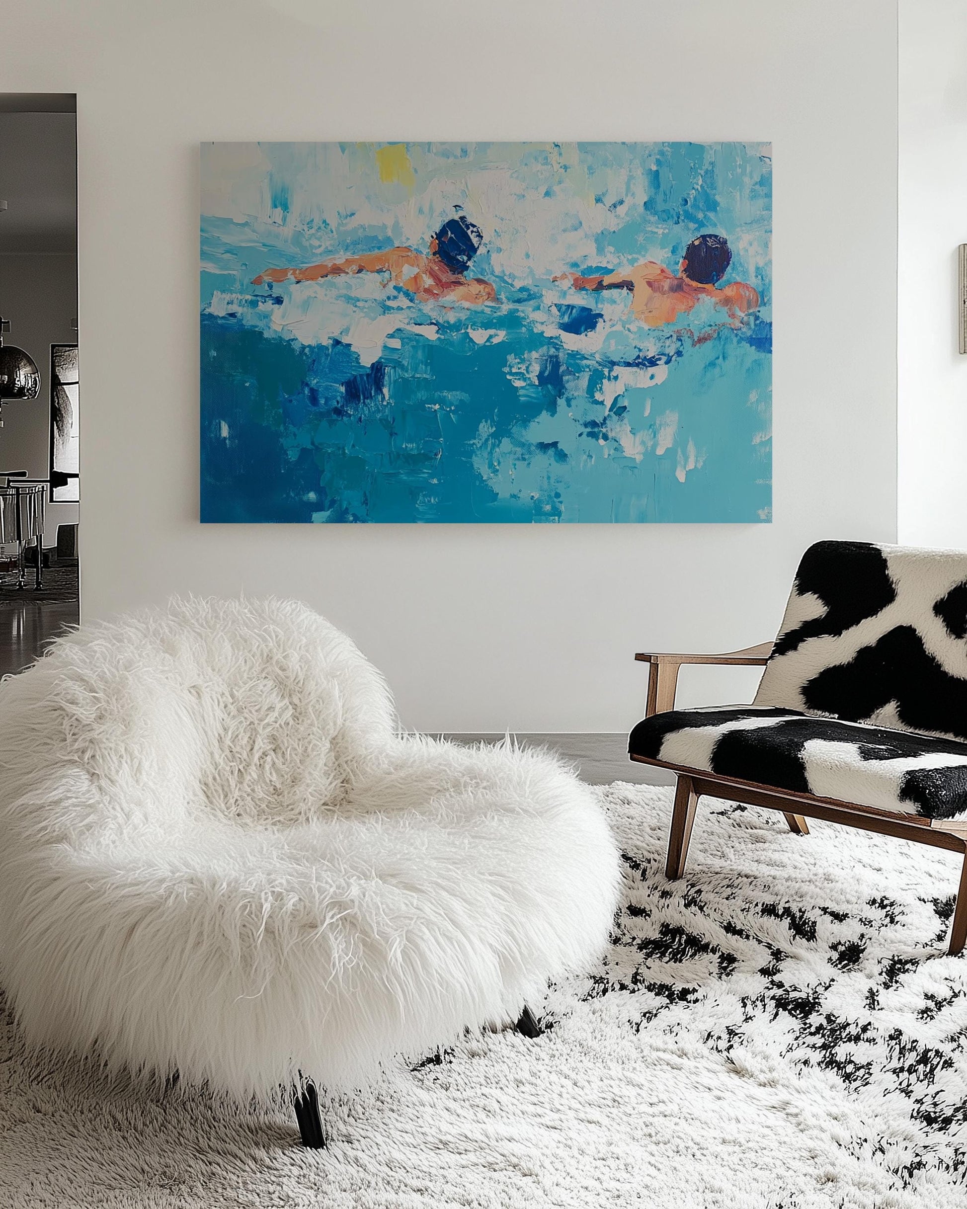Abstract Swimmers Painting – Modern Oil Art of Men Swimming, Bold Blue Palette, Dynamic Pool Scene My Store