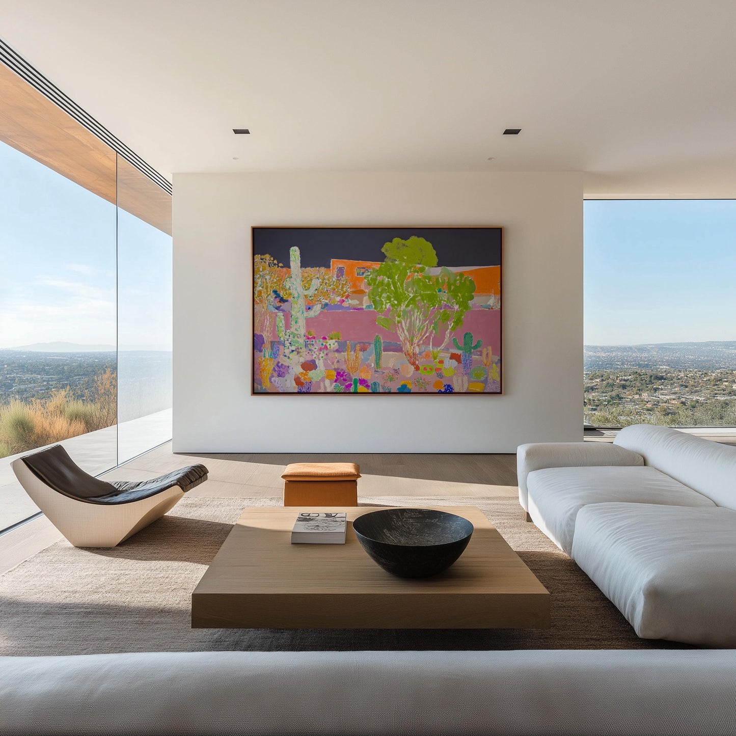 Colorful Desert Landscape Painting – Modern Cactus Garden with Adobe House, Bold Southwestern Wall Art My Store