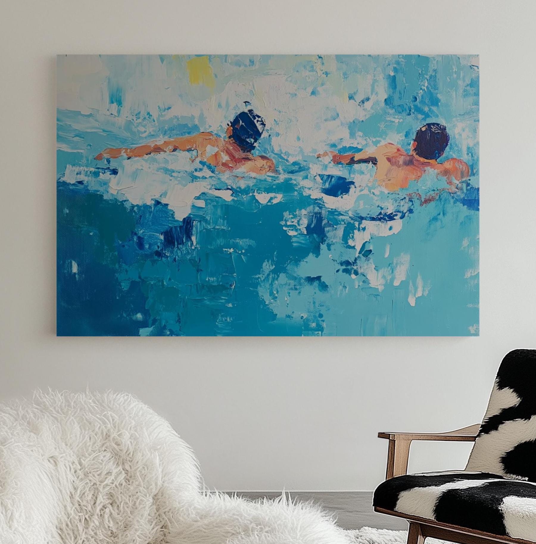 Abstract Swimmers Painting – Modern Oil Art of Men Swimming, Bold Blue Palette, Dynamic Pool Scene My Store