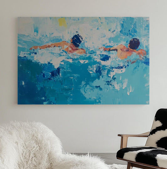 Abstract Swimmers Painting – Modern Oil Art of Men Swimming, Bold Blue Palette, Dynamic Pool Scene My Store