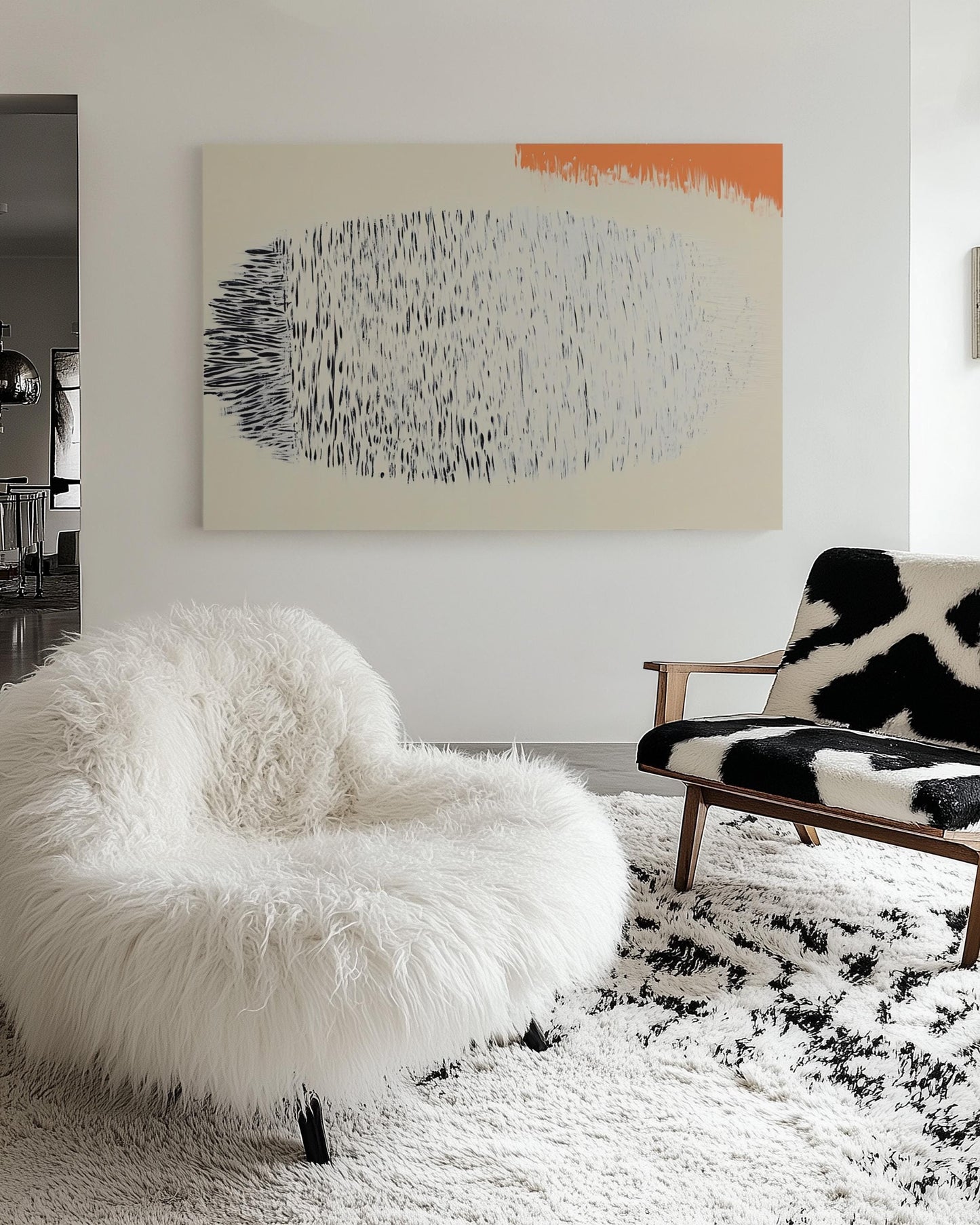 Original Abstract Painting – Organic Black Strokes with Peach Accent on Cream Canvas My Store