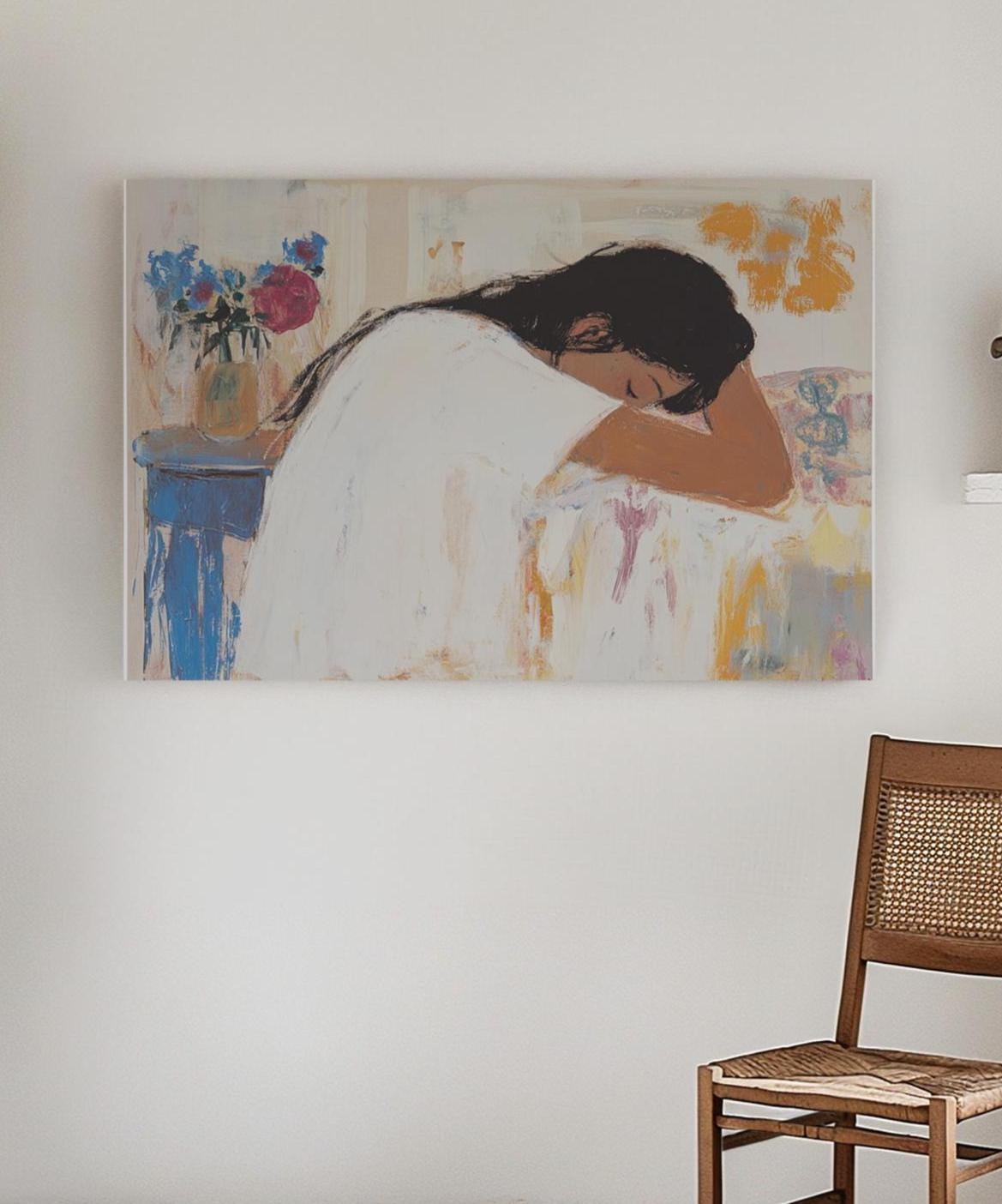 Resting Woman Portrait – Soft Impressionist Painting of a Girl in White Shirt, Intimate Interior Scene My Store