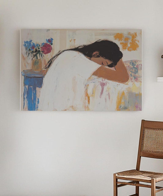 Resting Woman Portrait – Soft Impressionist Painting of a Girl in White Shirt, Intimate Interior Scene My Store