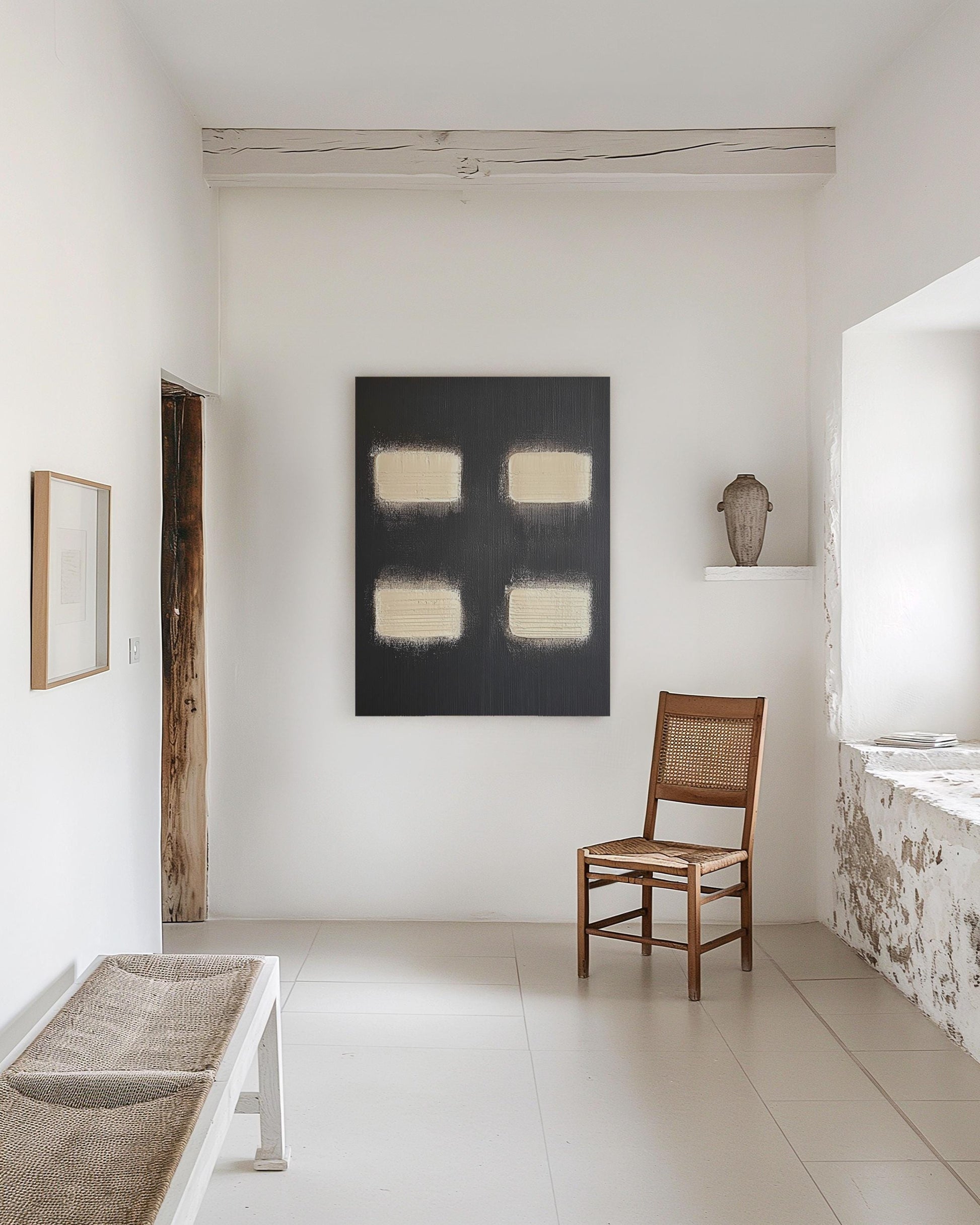 Original Minimalist Abstract Painting – Black Canvas with Cream Textured Blocks My Store