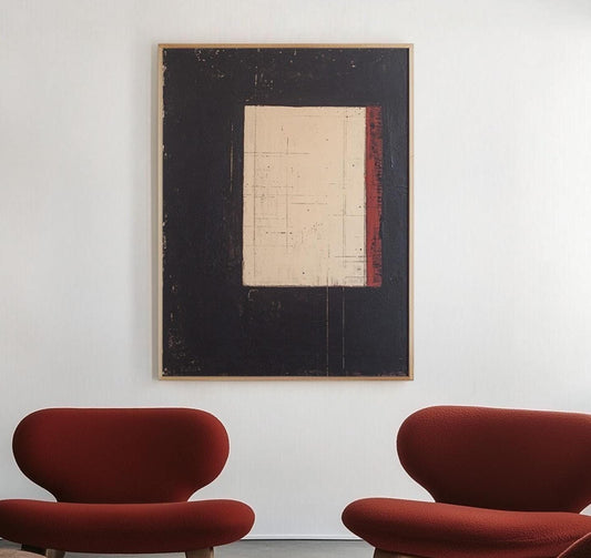 Original Abstract Painting – Textured Black & Cream Canvas with Red Vertical Accent My Store
