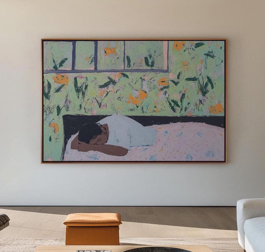 Woman Resting in Bed – Intimate Figurative Painting with Floral Interior, Dreamy Wall Art in Soft Pastels My Store