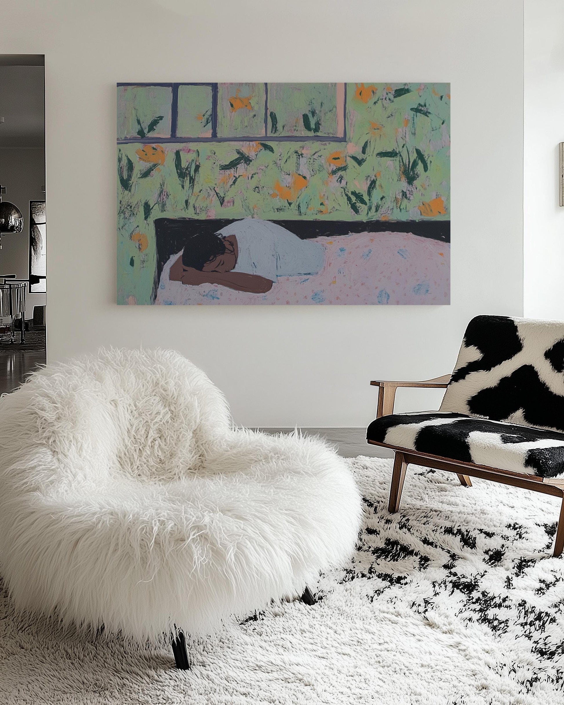 Woman Resting in Bed – Intimate Figurative Painting with Floral Interior, Dreamy Wall Art in Soft Pastels My Store