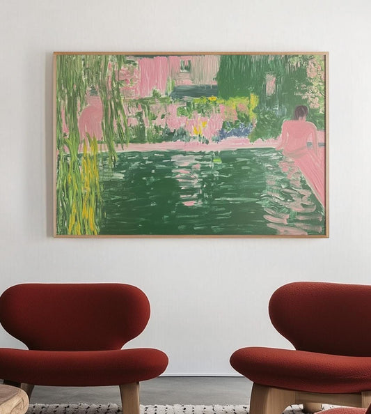 Dreamy Garden Pool Painting – Impressionist Oil Art with Woman by the Water, Pink and Green Summer Scene My Store