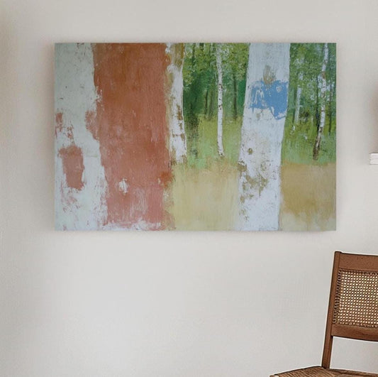 Abstract Birch Trees Painting – Minimalist Forest Landscape in Earth Tones, Textured Nature Wall Art My Store