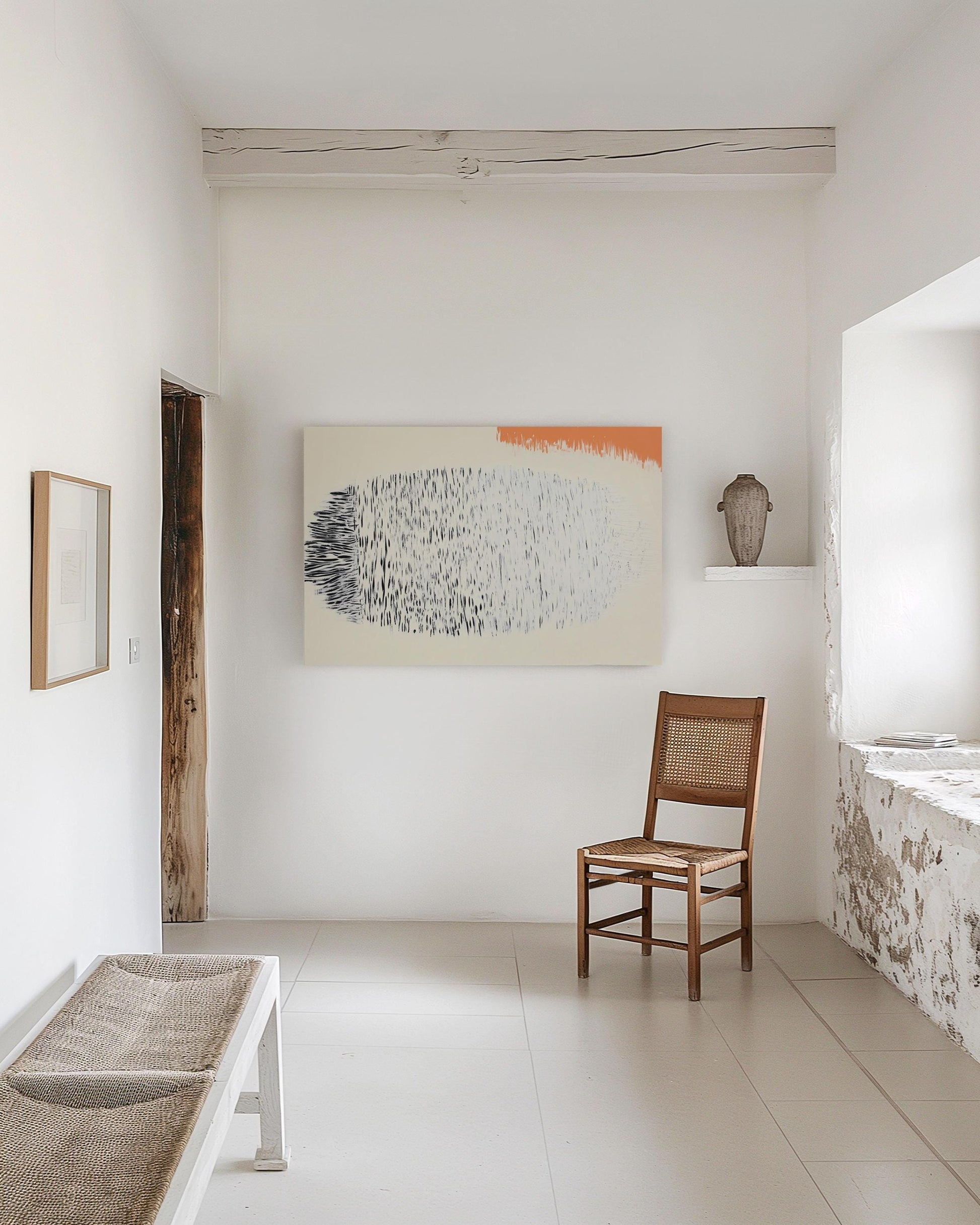 Original Abstract Painting – Organic Black Strokes with Peach Accent on Cream Canvas My Store