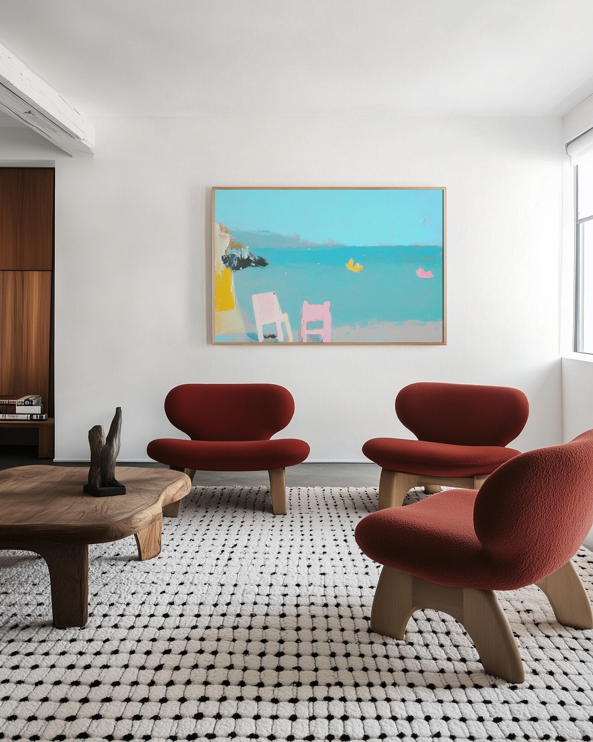 Minimalist Seaside Painting – Colorful Beach Chairs and Toy Boats, Modern Coastal Wall Art My Store
