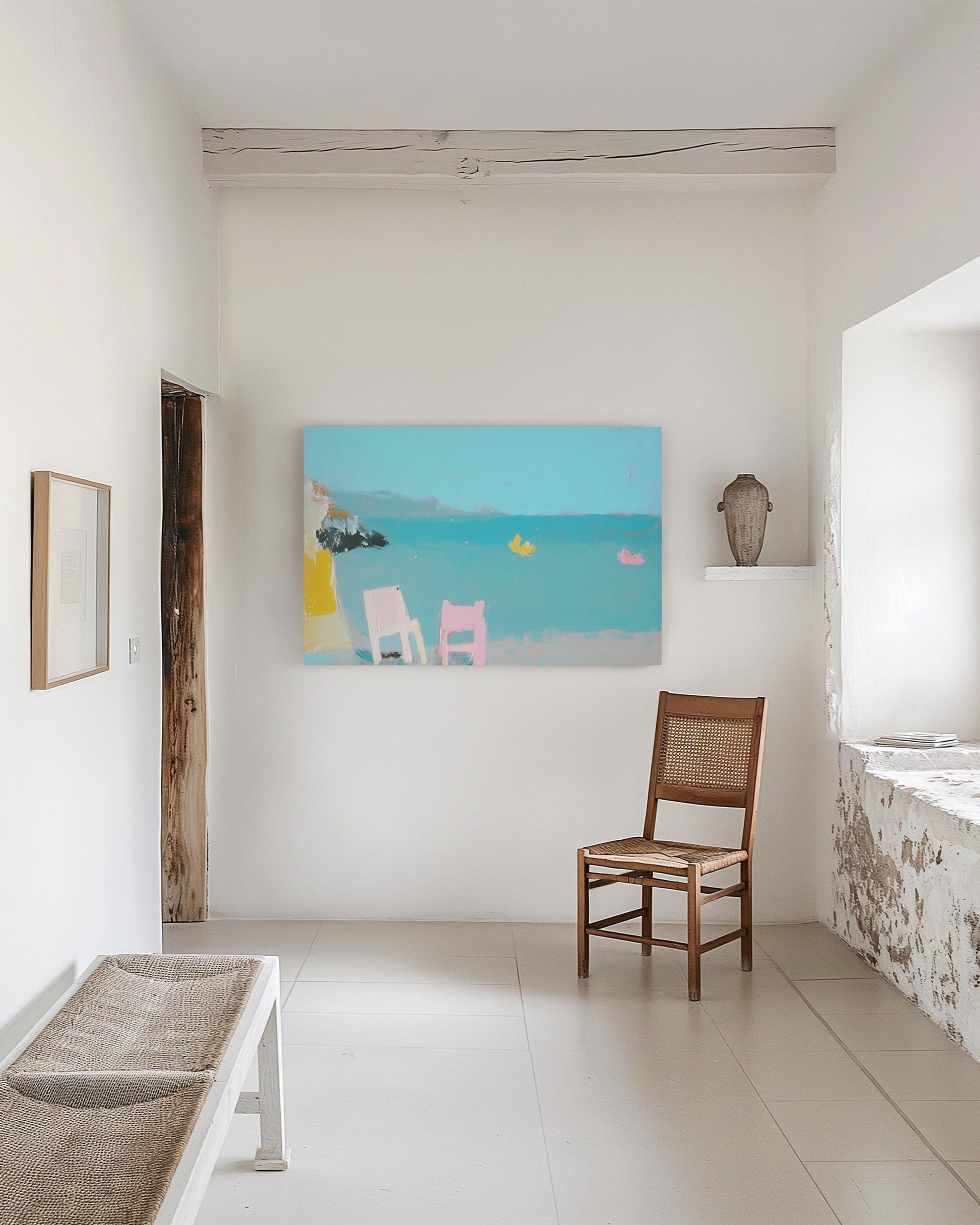 Minimalist Seaside Painting – Colorful Beach Chairs and Toy Boats, Modern Coastal Wall Art My Store