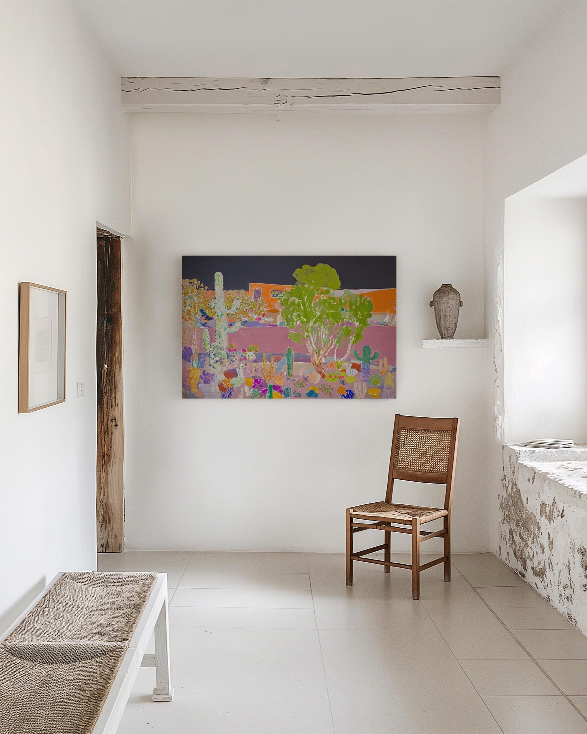 Colorful Desert Landscape Painting – Modern Cactus Garden with Adobe House, Bold Southwestern Wall Art My Store