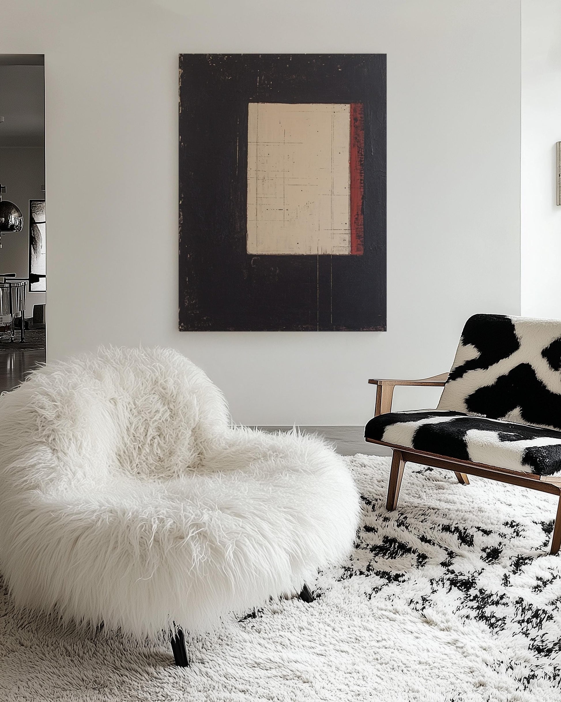 Original Abstract Painting – Textured Black & Cream Canvas with Red Vertical Accent My Store