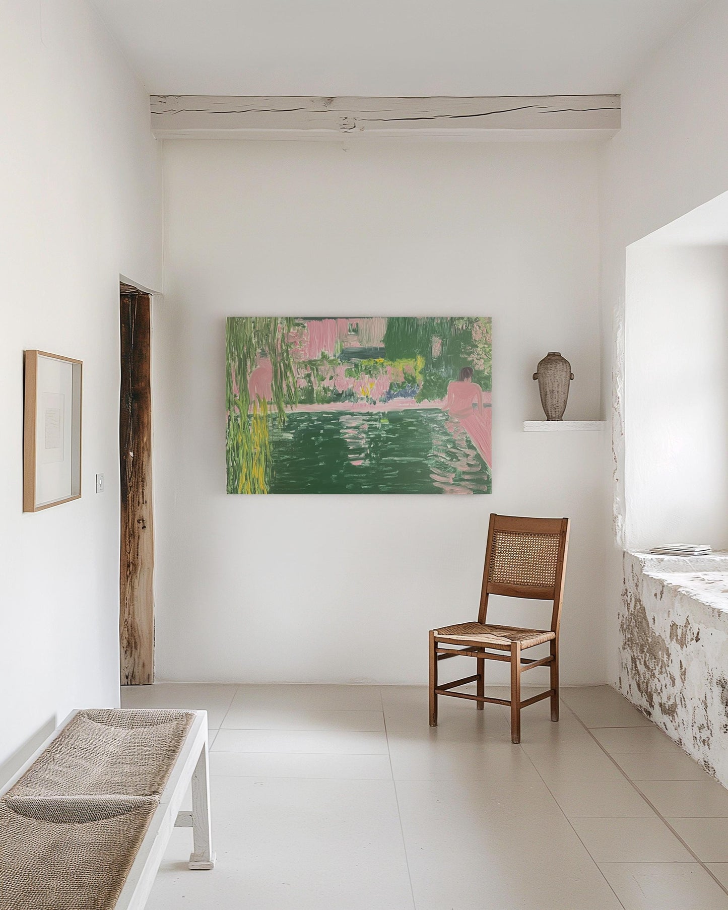 Dreamy Garden Pool Painting – Impressionist Oil Art with Woman by the Water, Pink and Green Summer Scene My Store