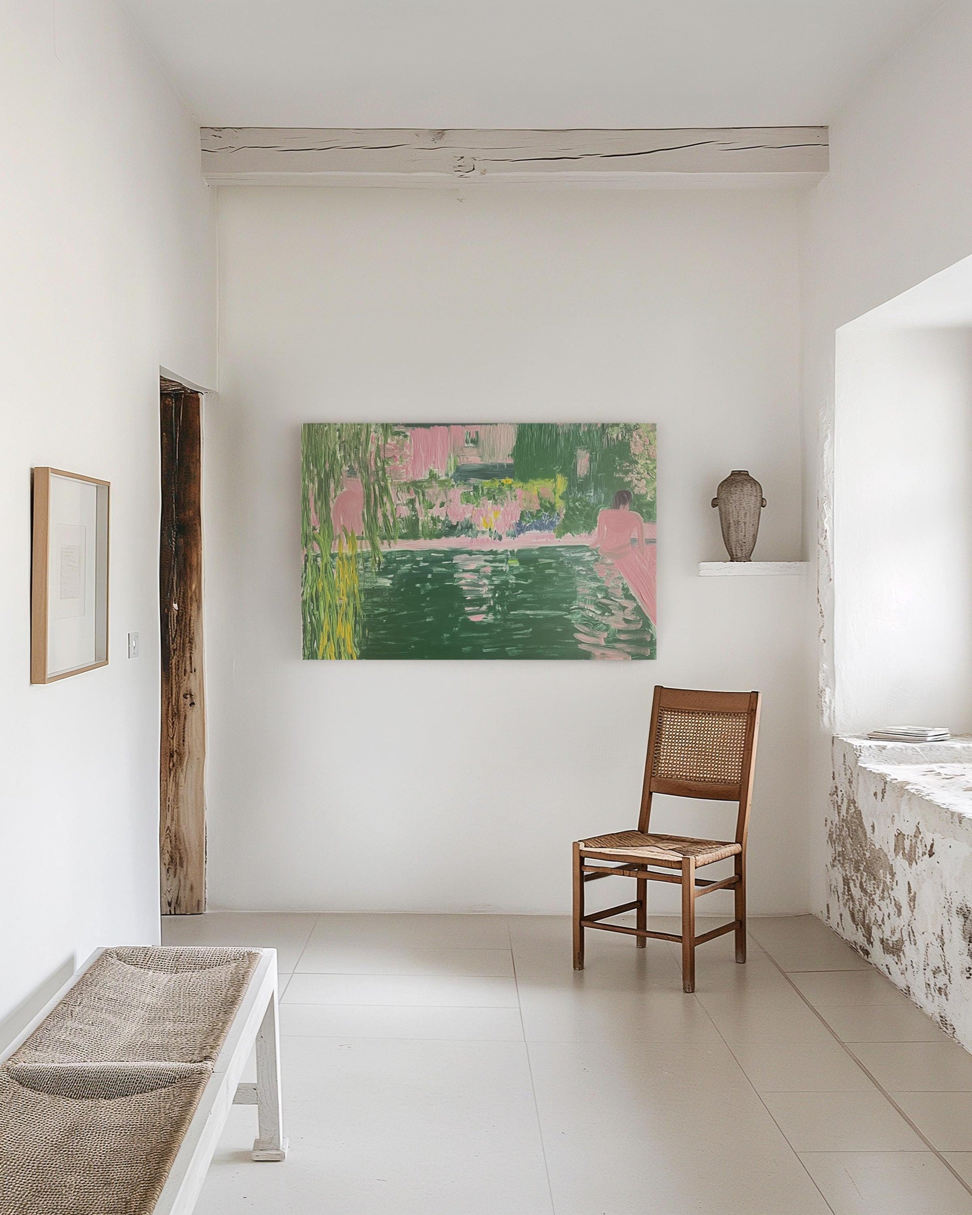 Dreamy Garden Pool Painting – Impressionist Oil Art with Woman by the Water, Pink and Green Summer Scene My Store