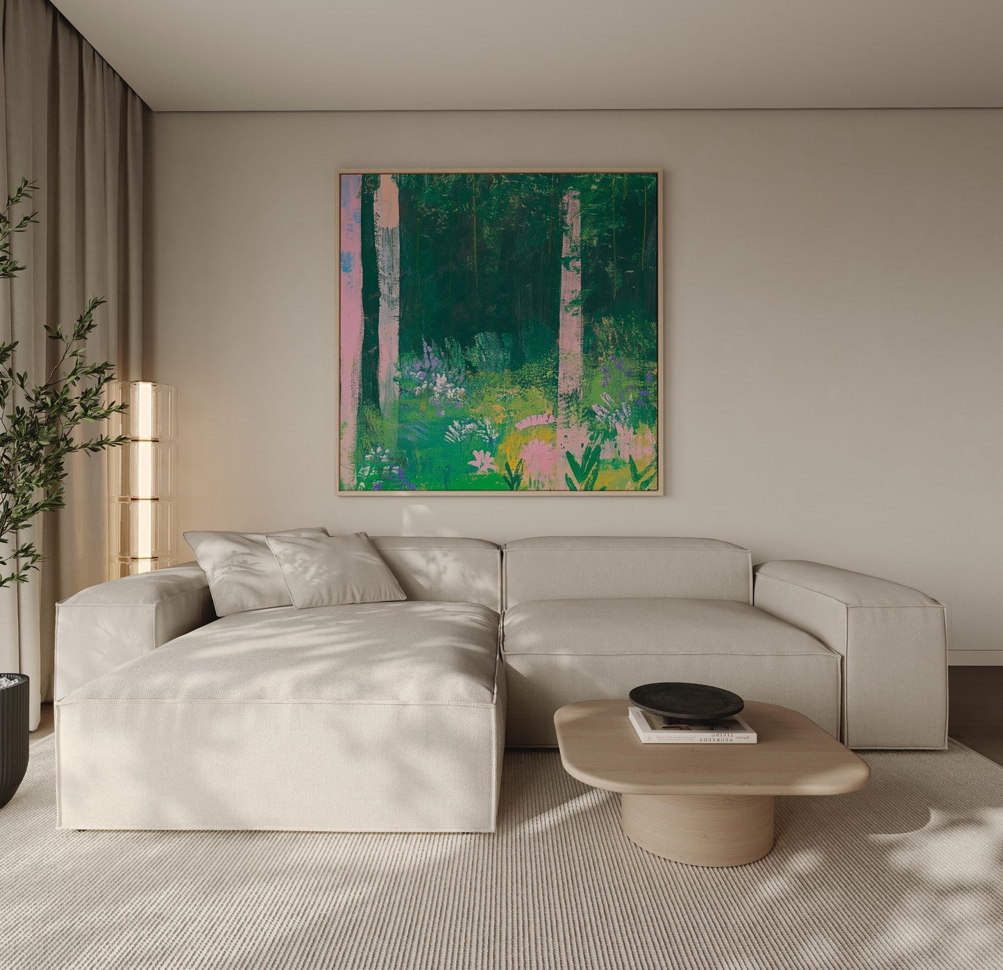 Enchanted Forest — Botanical Abstract Landscape Painting, Pink Flowers and Green Woods, Nature Wall Art on Canvas My Store