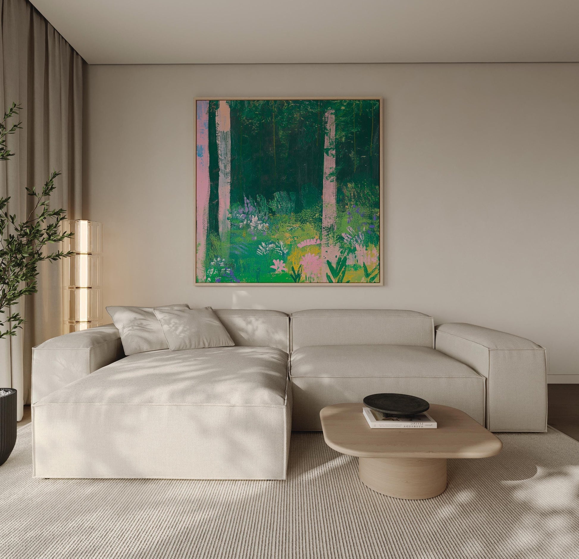 Enchanted Forest — Botanical Abstract Landscape Painting, Pink Flowers and Green Woods, Nature Wall Art on Canvas My Store