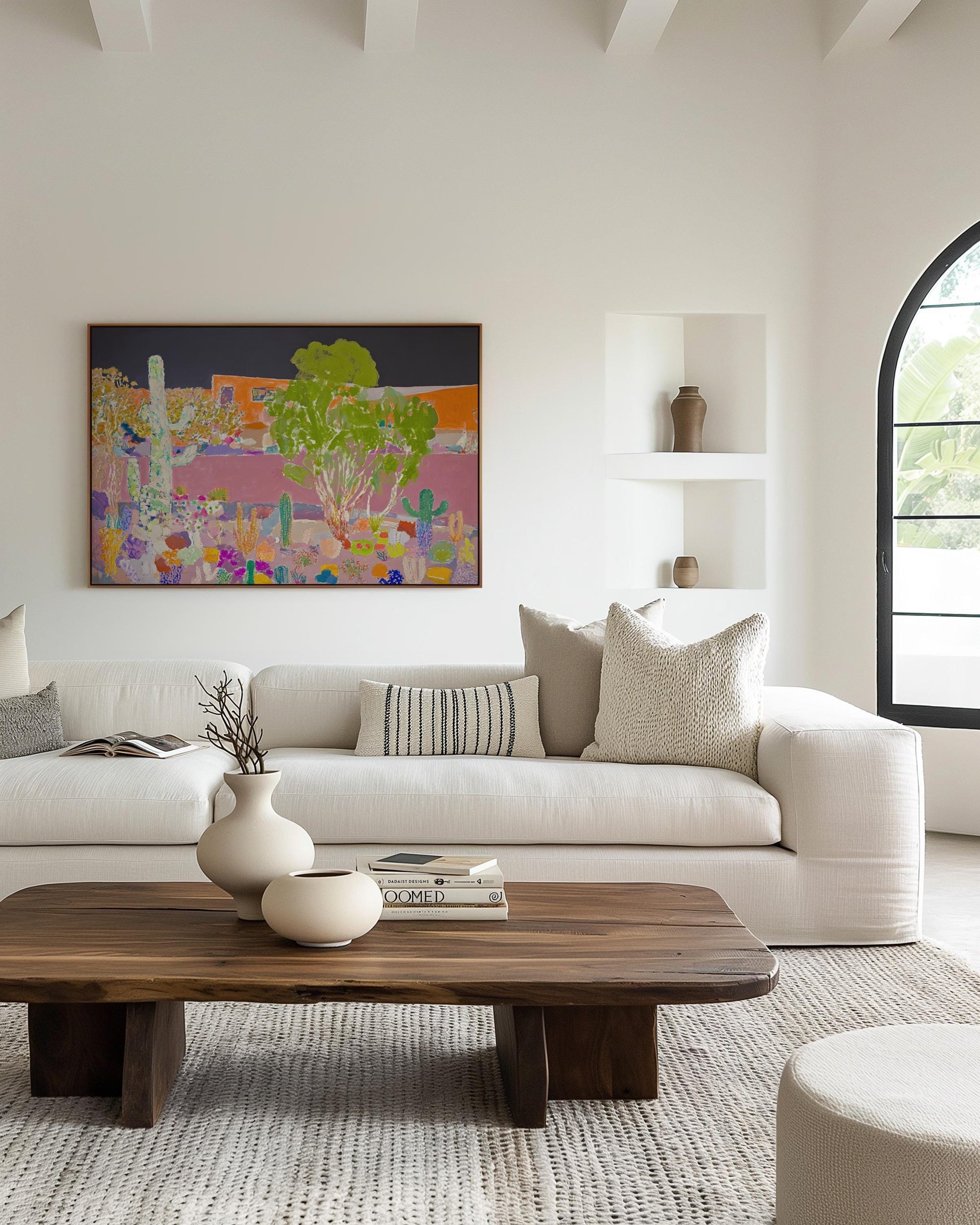 Colorful Desert Landscape Painting – Modern Cactus Garden with Adobe House, Bold Southwestern Wall Art My Store