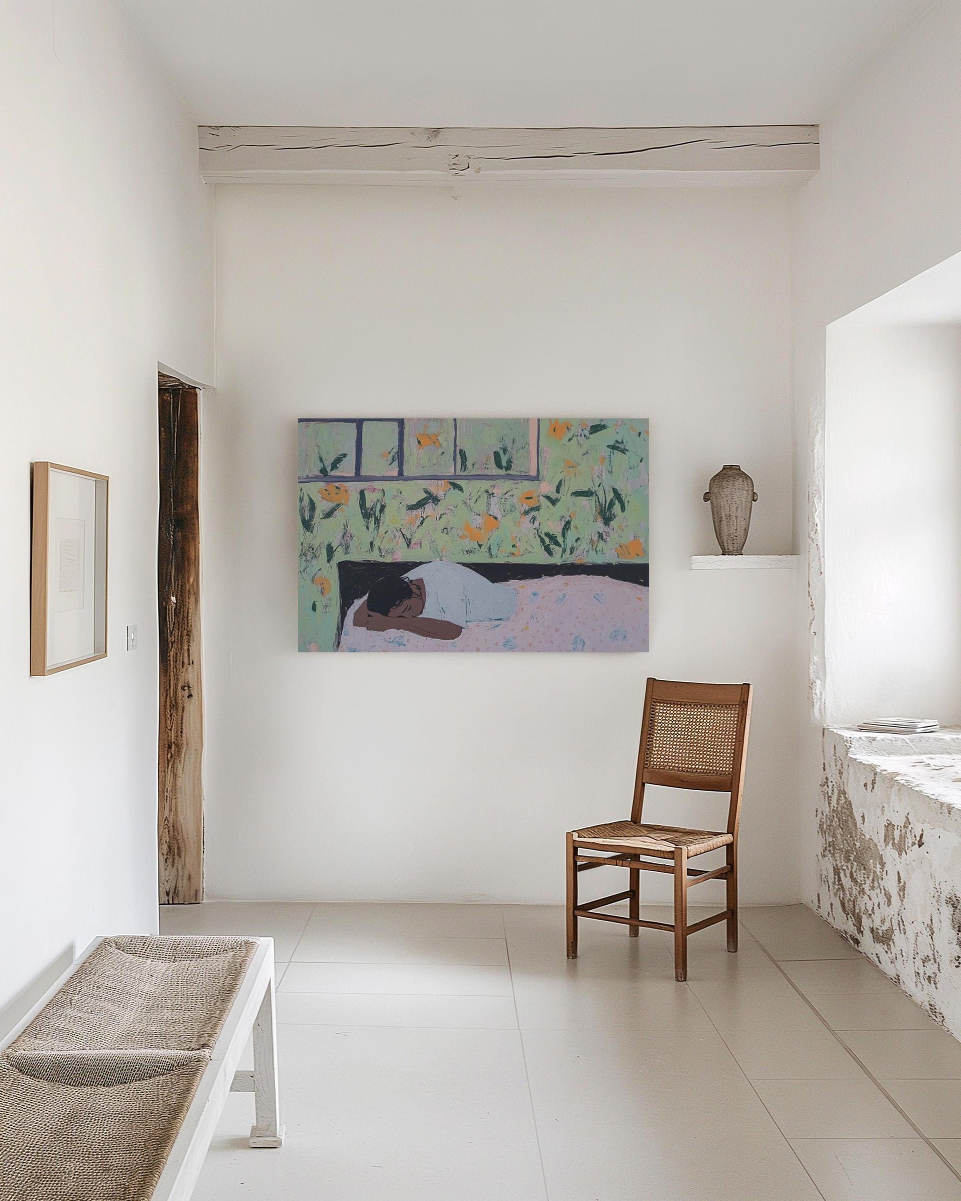 Woman Resting in Bed – Intimate Figurative Painting with Floral Interior, Dreamy Wall Art in Soft Pastels My Store