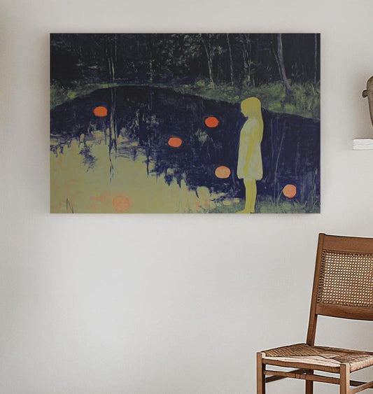 Mystical Forest Painting – Girl by the Pond with Floating Lights, Dreamlike Night Scene in Neon Contrast My Store