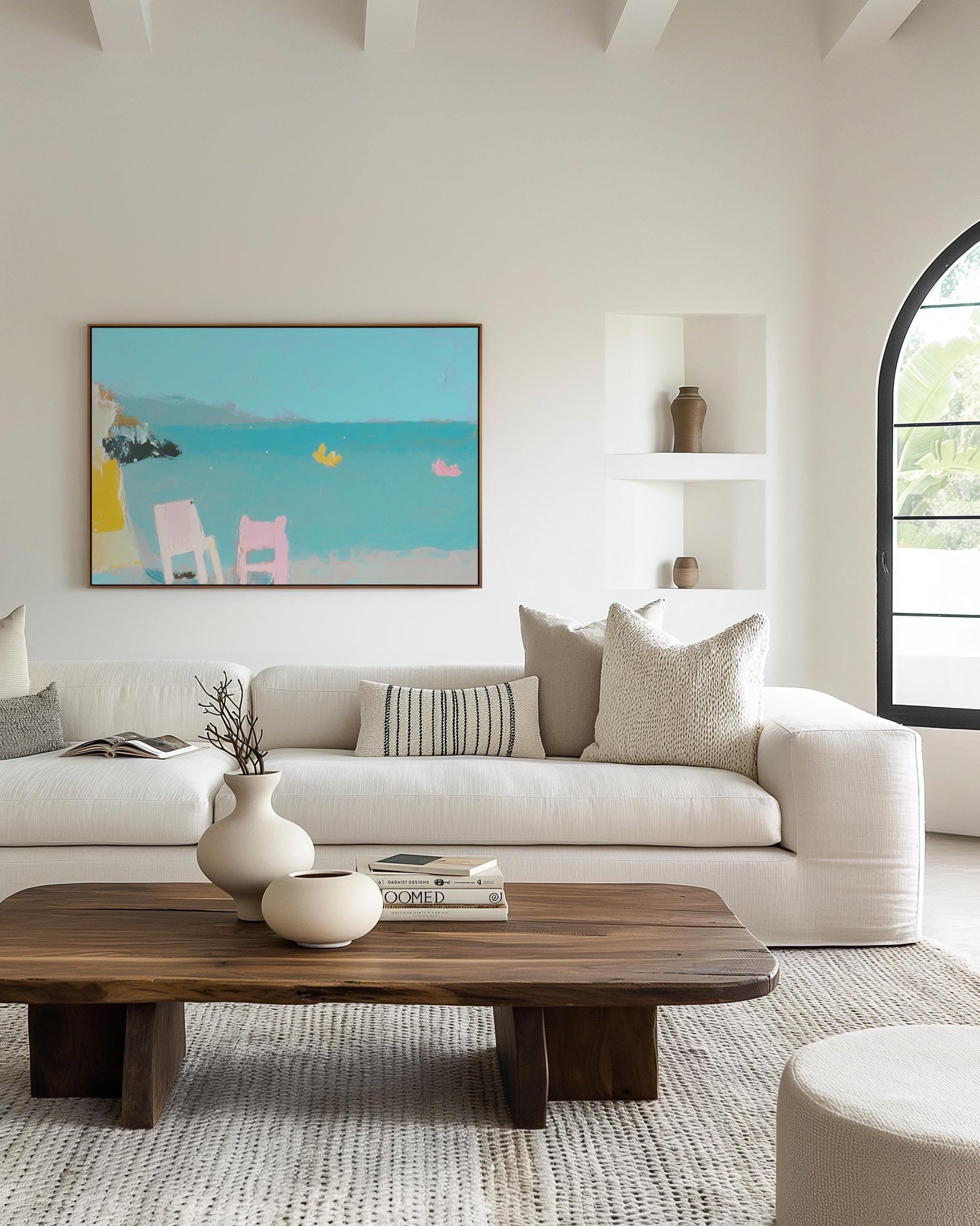 Minimalist Seaside Painting – Colorful Beach Chairs and Toy Boats, Modern Coastal Wall Art My Store