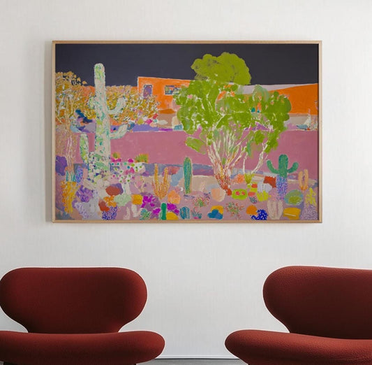 Colorful Desert Landscape Painting – Modern Cactus Garden with Adobe House, Bold Southwestern Wall Art My Store