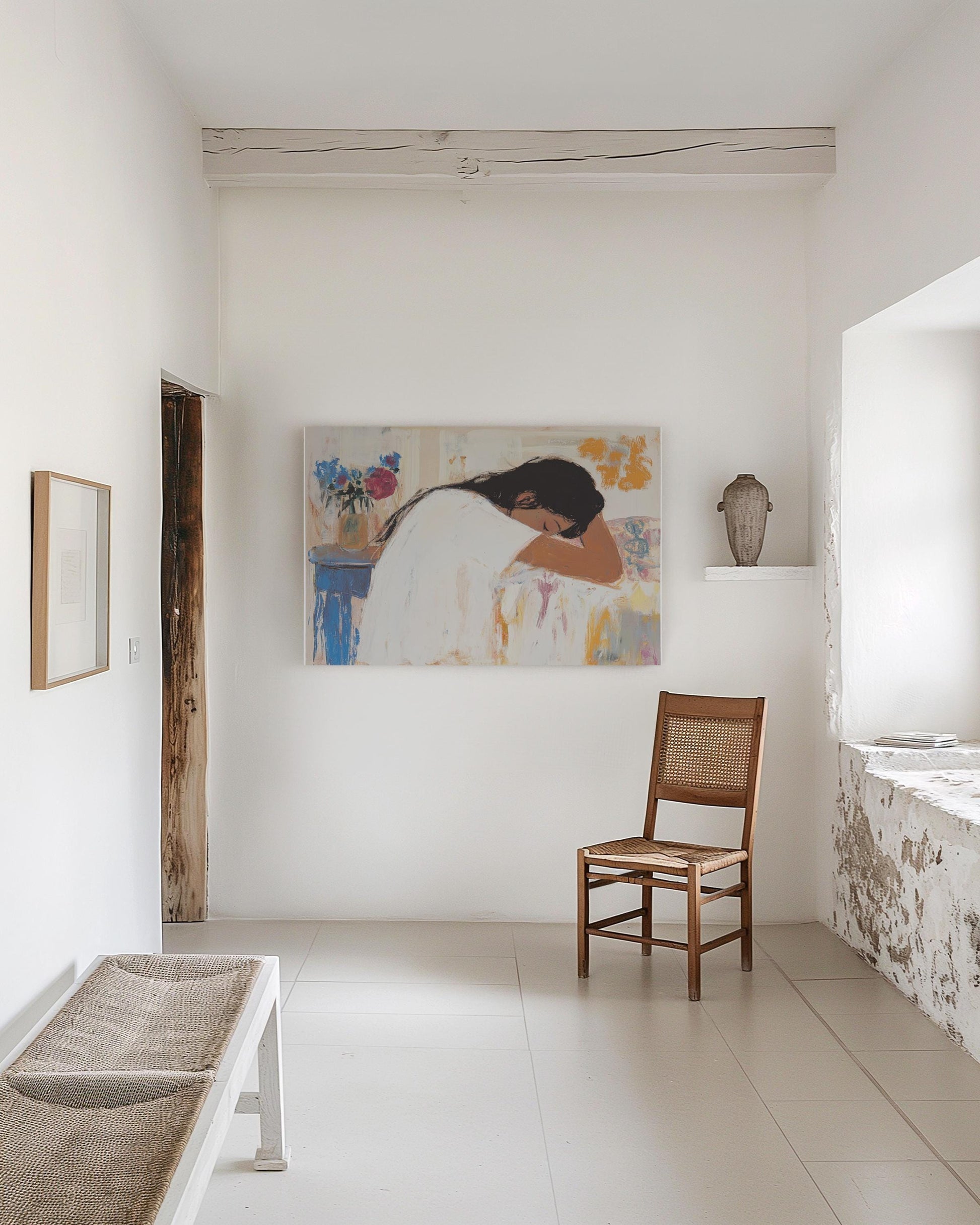 Resting Woman Portrait – Soft Impressionist Painting of a Girl in White Shirt, Intimate Interior Scene My Store