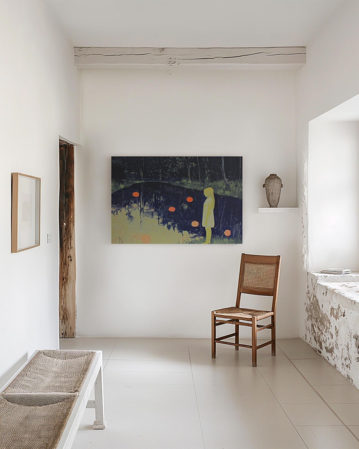 Mystical Forest Painting – Girl by the Pond with Floating Lights, Dreamlike Night Scene in Neon Contrast My Store
