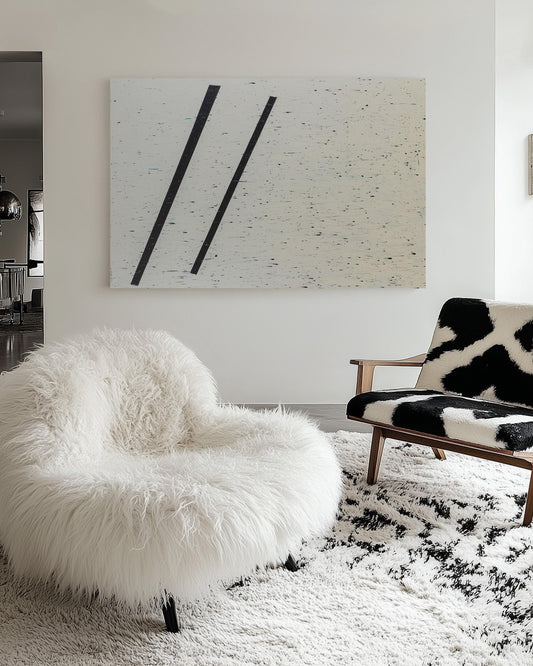 Original Abstract Minimalist Painting – White Canvas with Splatter Texture and Bold Black Lines My Store