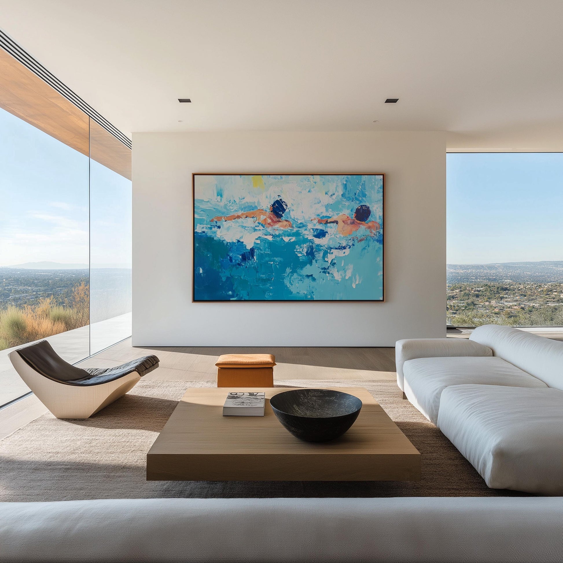 Abstract Swimmers Painting – Modern Oil Art of Men Swimming, Bold Blue Palette, Dynamic Pool Scene My Store