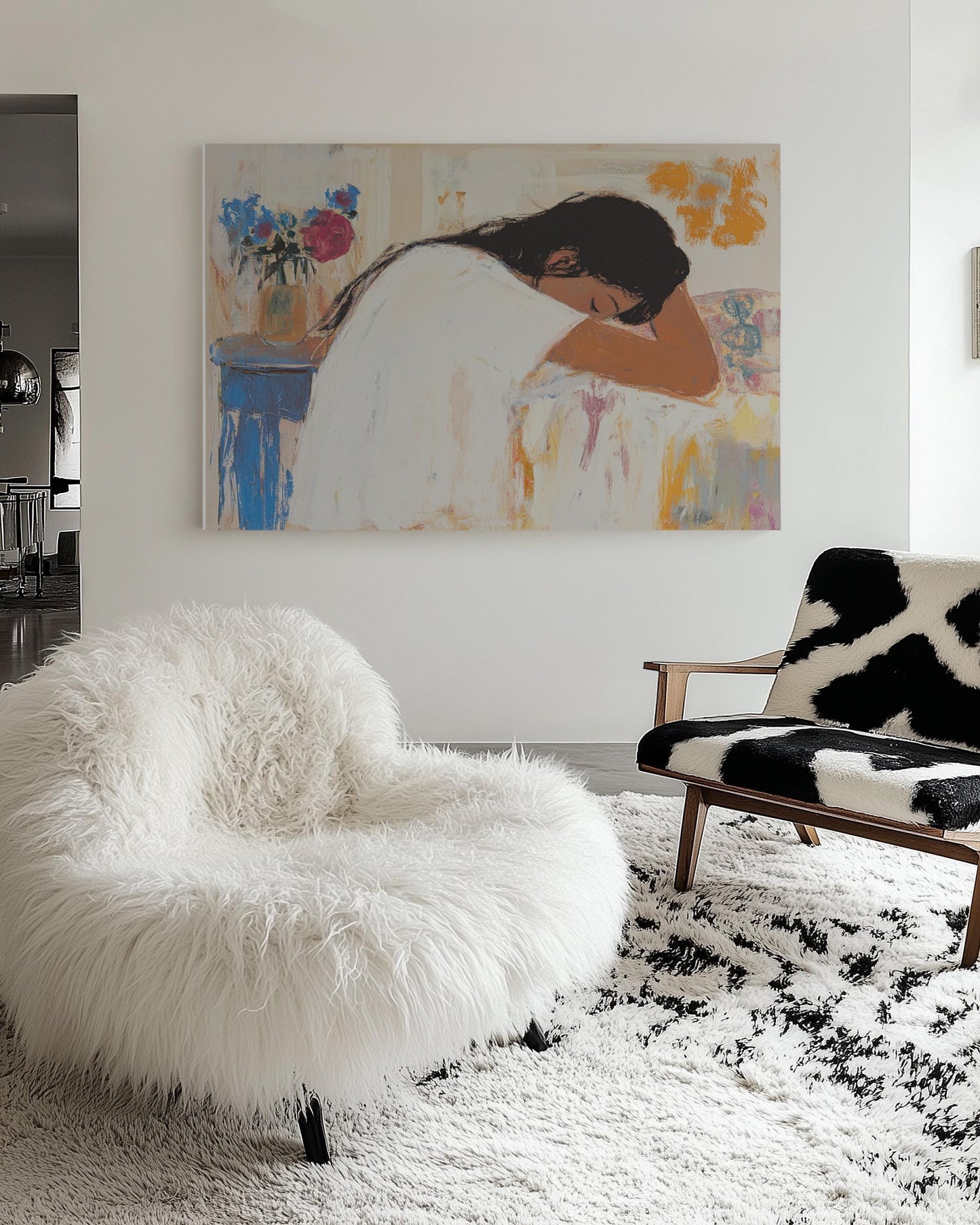 Resting Woman Portrait – Soft Impressionist Painting of a Girl in White Shirt, Intimate Interior Scene My Store
