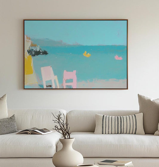 Minimalist Seaside Painting – Colorful Beach Chairs and Toy Boats, Modern Coastal Wall Art My Store