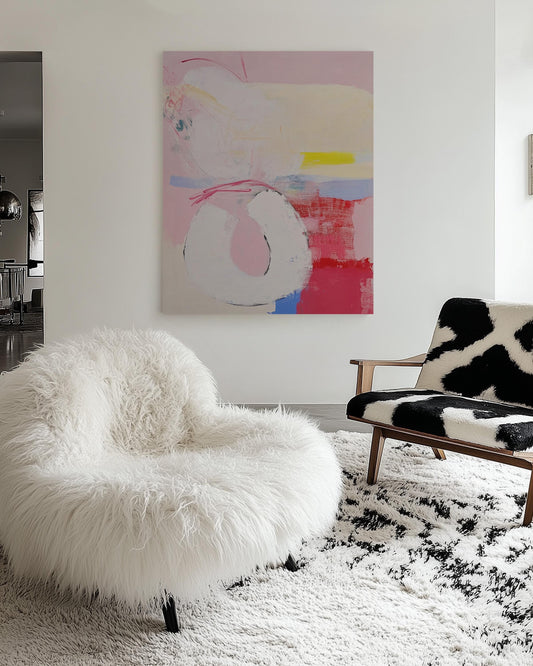 Playful Abstract Painting – Soft Pink, Red & Yellow Modern Wall Art on Canvas My Store