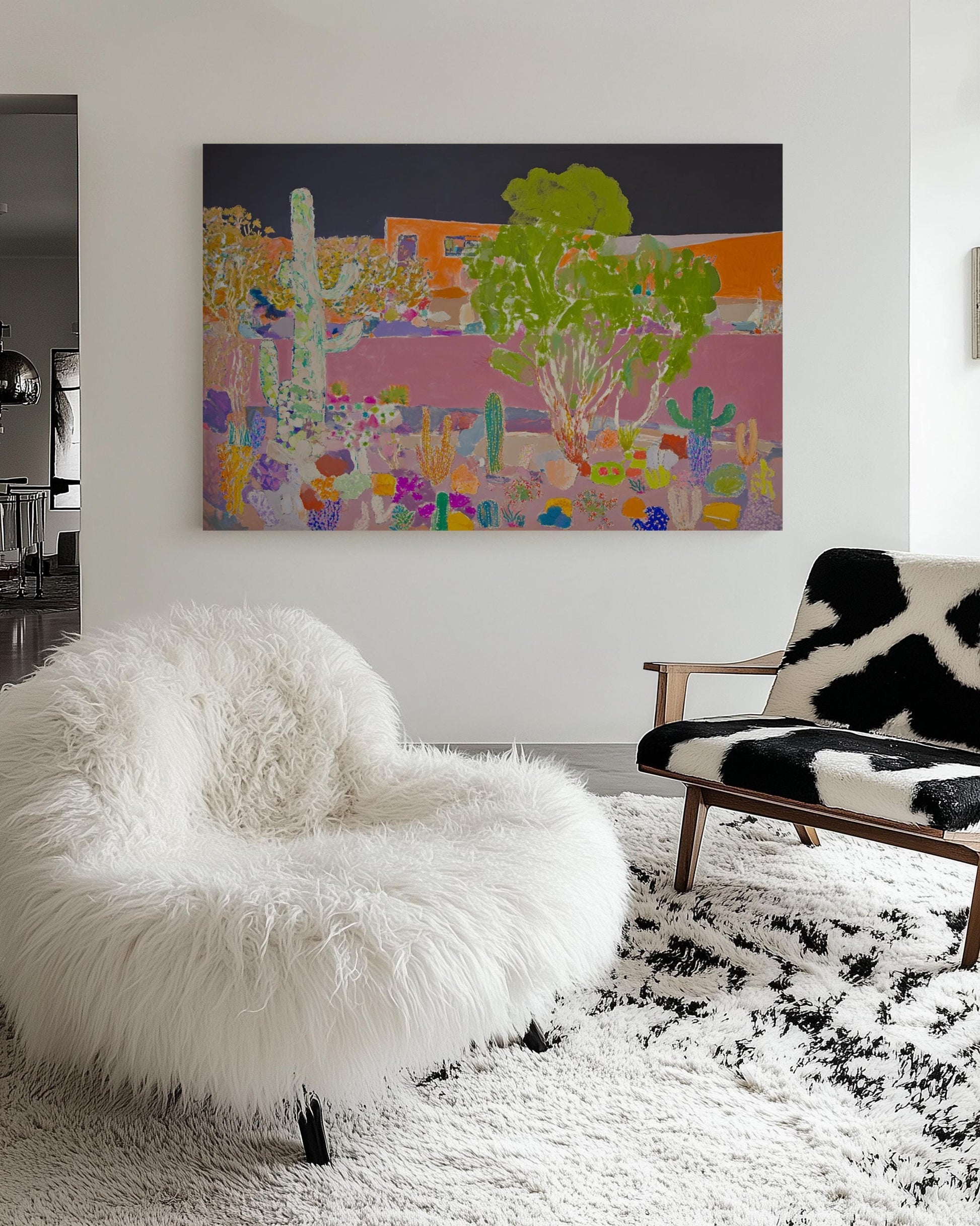 Colorful Desert Landscape Painting – Modern Cactus Garden with Adobe House, Bold Southwestern Wall Art My Store
