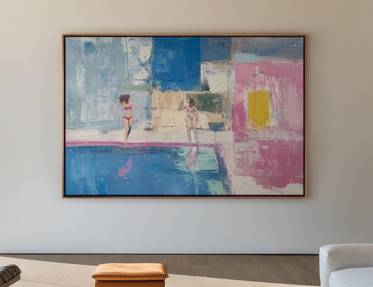 Abstract Poolside Scene – Colorful Oil Painting of Women in Swimsuits, Summer Vibes and Bold Architecture My Store