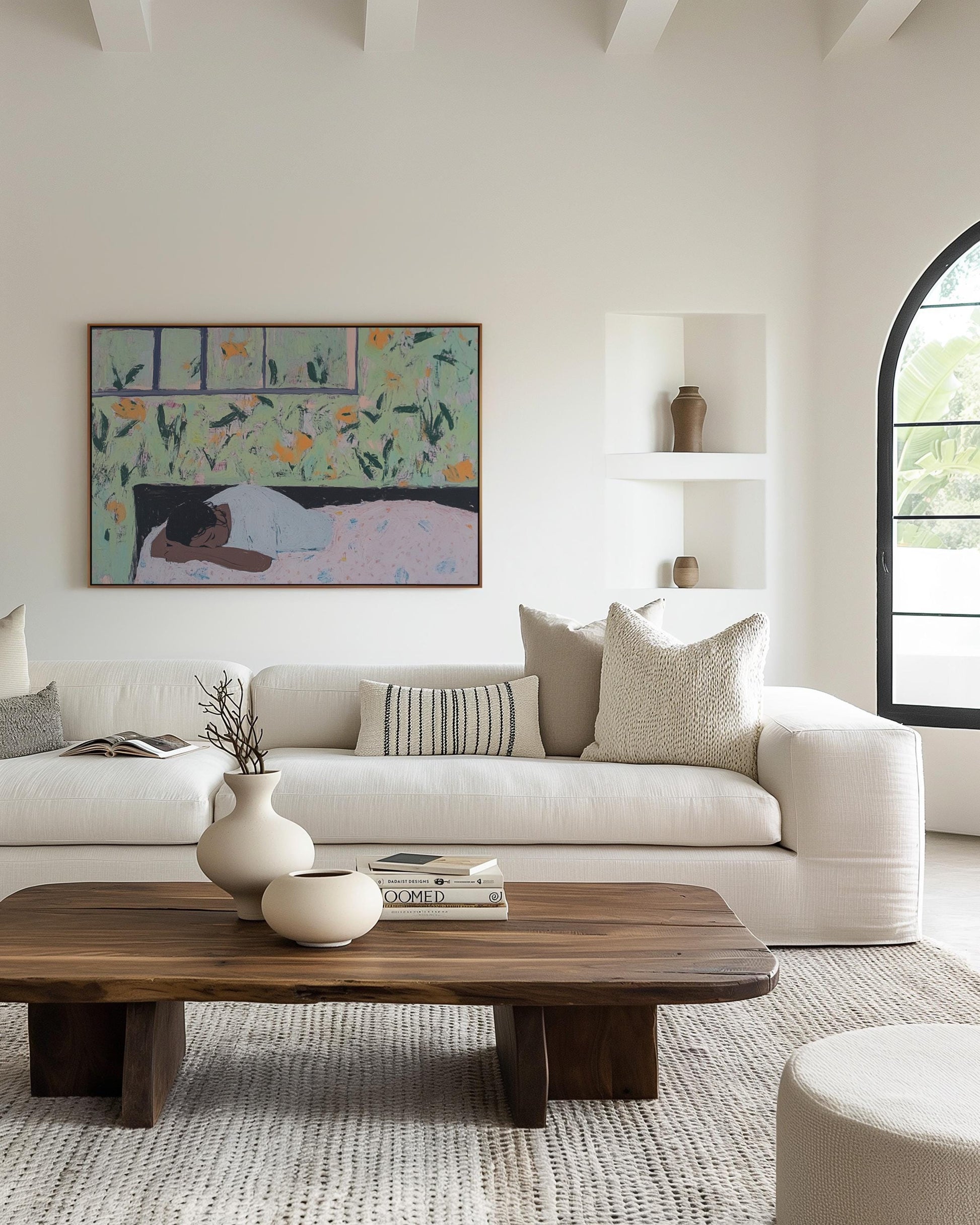 Woman Resting in Bed – Intimate Figurative Painting with Floral Interior, Dreamy Wall Art in Soft Pastels My Store
